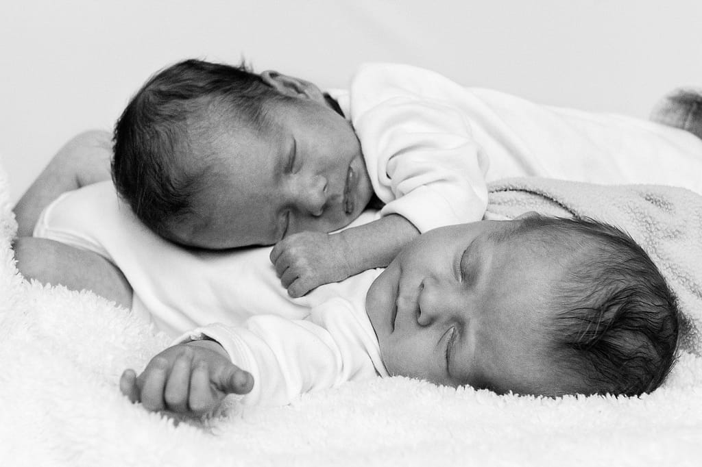 Schlafende Zwillinge auf dem Schafsfell beim Baby Fotoshooting in Hamburg Barmbek