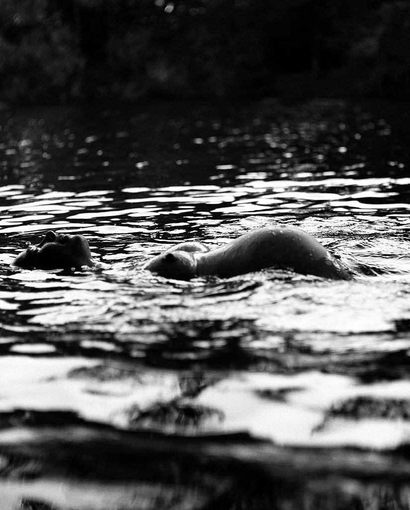 Schwangere schwimmt auf dem Rücken im See und hebt dabei ihren Babybauch aus dem Wasser beim Babybauch Shooting in Hamburg in der Natur